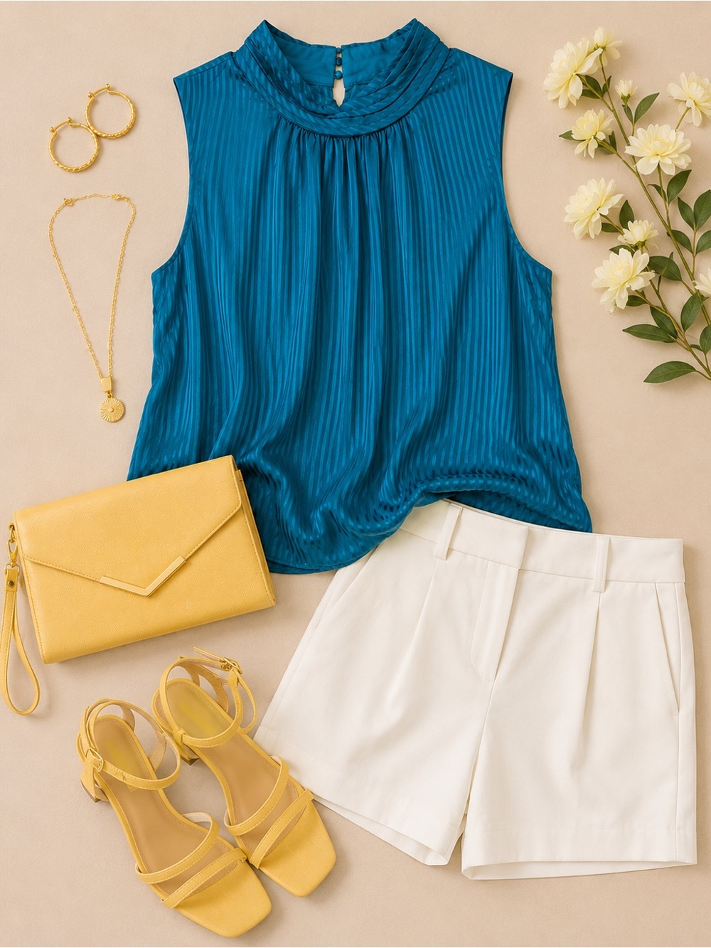 White House Black Market Teal Tonal Stripe High Neck Sleeveless Blouse